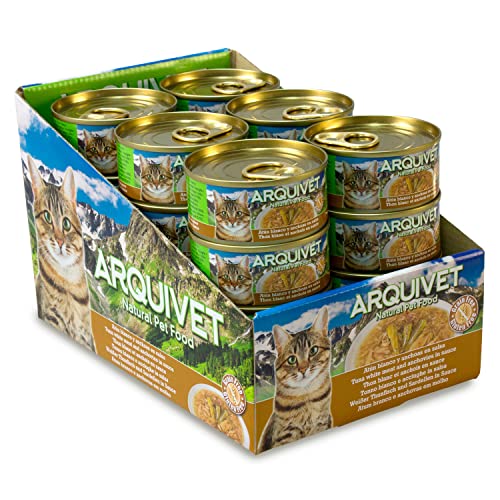 ARQUIVET - Latas súper Premium de atún Blanco con anchoas en Salsa para Gatos - Comida Gourmet elaborada con Ingredientes 100% Naturales - Pack 24 Unidades - 80 gr por Unidad - Comida húmeda
