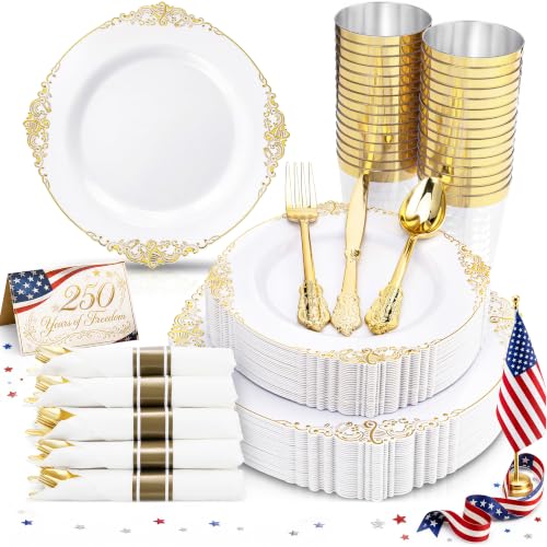 Nervure 350PCS Gold Plastic Plates - Gold Plastic Dinnerware Sets for 50 Guests - 100 Disposable...