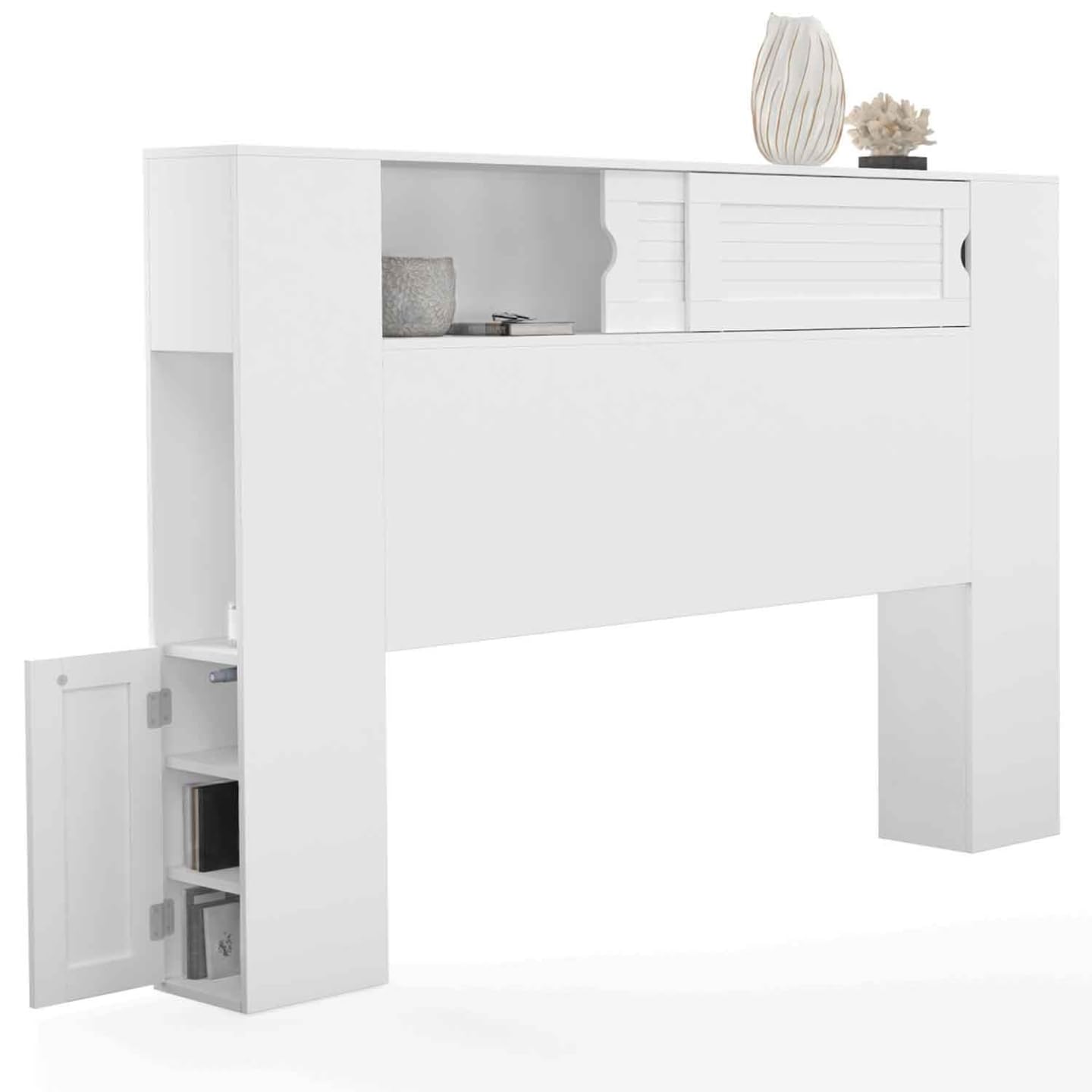 IDMarket - Cabecero de cama con pie Salem 145 cm con almacenamiento cerrado y nichos blanco