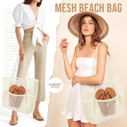 Image of KPX Beach Bag with Mini Pocket, Beach Tote Bags for Women Large Foldable Mesh Swimming Pool Travel Bags - Sandproof