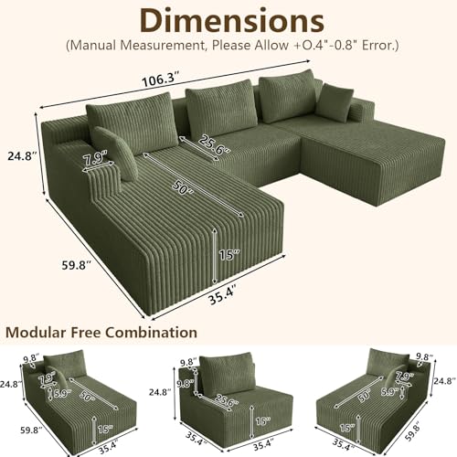 Image of 107 inch Modular Sectional Sleeper Sofa, Boneless Cloud Couch for Living Room, U Shaped 3 Seat Sofa with Deep Seat, Free Combination, Couch in a Box, No Assembly Required (Green)