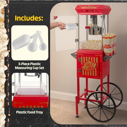 Image of Popcorn Machine with Cart and 6 oz Stainless Steel Kettle - Vintage Style Retro Popcorn Maker Machine on Wheels with Cabinet for Home Movie Room, Parties, and Events by Great Northern Popcorn (Red)