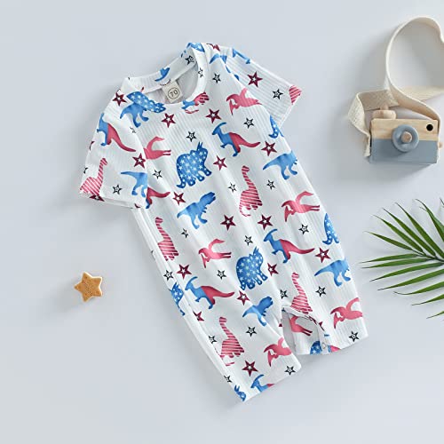 Karuedoo 4Th Of July Baby Boy Girl Clothes American Flag Short Sleeve Romper Jumpsuit One Piece Bodysuit Memorial Day Outfit (A-Red Blue Dinosaur, 6-12 Months) #TOP3