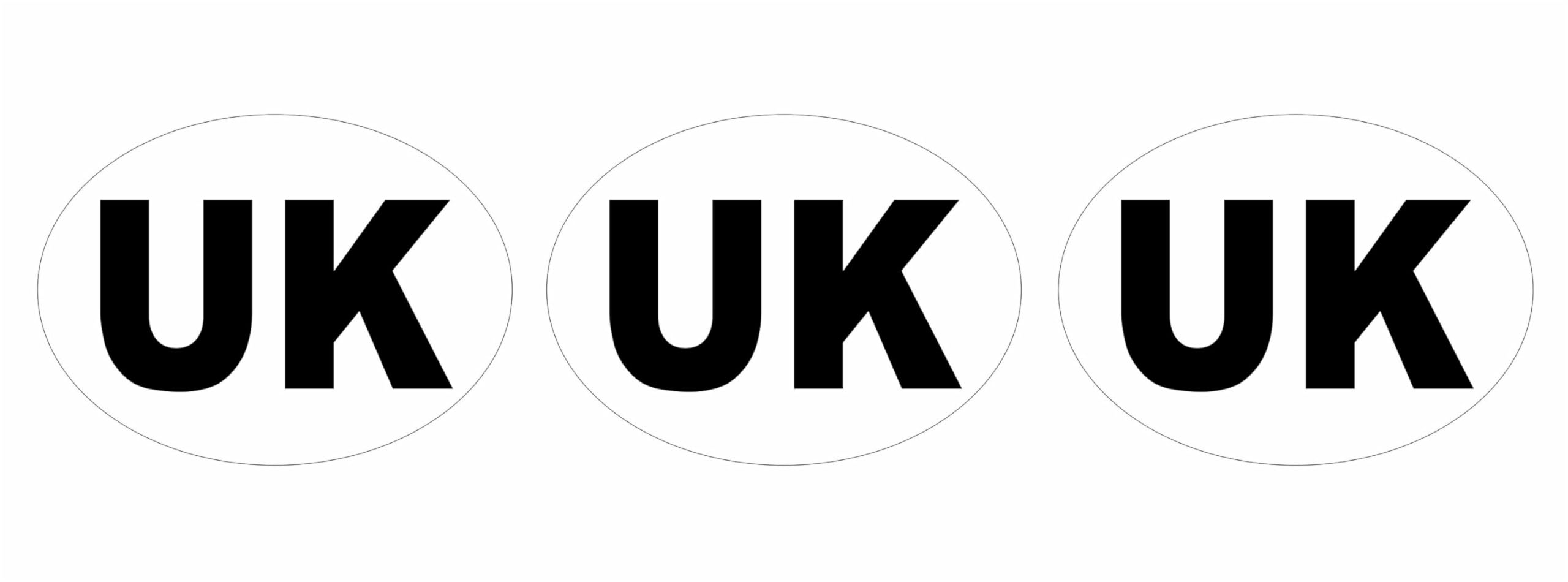 Pack of 3 UK Car Stickers White Oval Self Adhesive Vinyl Stickers for Cars Vans Trucks Lorry Vehicles Each Measures 75mm by 55mm