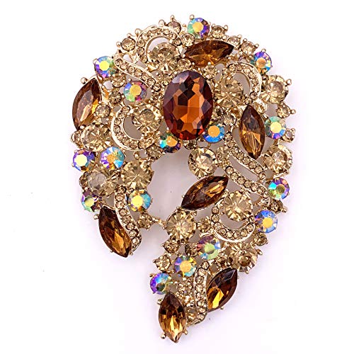Image of SELOVO Big Large Rhinestone Green Leaf Statement 3.5 inch Brooch Pin Scarf Broach Gold Tone