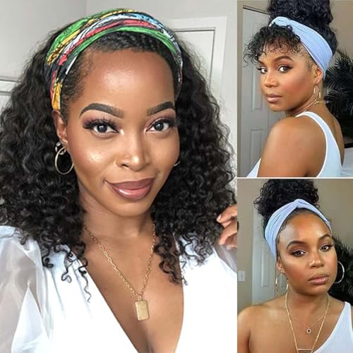 Image of Punmasa Headband Wig Human Hair Deep Wave 150% Density None Lace Front Wig Human Hair Machine Made Wigs 14 inches Headband Curly Human Hair Wigs for Women Natural Color Half wigs