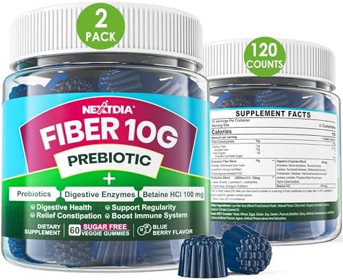 Fiber Gummies for Adults, Sugar Free 10g Prebiotic Fiber Supplement with Digestive Enzymes, Probiotics & 100mg Betaine for Digestive & Gut Health and Regulate Bowel Movement, Vegan, Gelatin Free,120ct