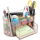 Organizador de escritorio todo en un solo lugar: suficiente espacio para todos tus accesorios de oficina, papeles, tijeras, clips, notas adhesivas, bolígrafos, marcadores y todos tus utensilios de escritorio. Portalápices de acrílico transparente para clips, soporte para bolígrafos de escritorio, portalápices, cajas de notas y recipientes para utensilios. Gran organizador de escritorio para suministros de oficina