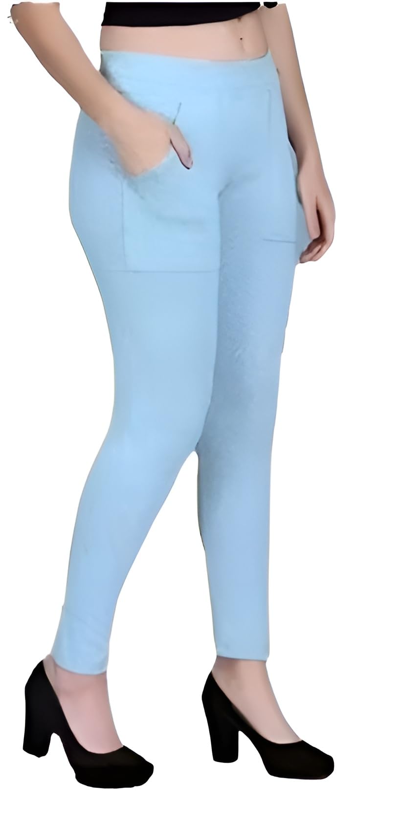 Women's High Waist Ankle Length Jeggings, ice Blue, Stretch Cotton Blend, Slim Fit with Side Pockets, Casual Wear Yoga Gym-picture-43