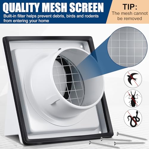 Image of Gisafai 4 inch Outside Dryer Vent Cover for Exterior Walls Exhaust Vent Cap with Removable Extension Pipe Stainless Steel Hood Cushioned Non Return Flap with Sealing Gasket Grille Screen