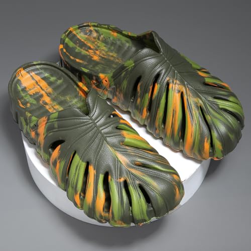 Image of Monstera Slippers, Variegated Monstera Shoes, Non-Slip Soft Lightweight Bathroom Slides Unisex