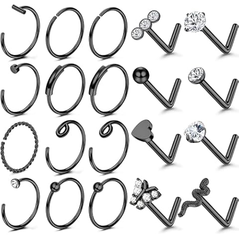 UBGICIG 20 Pcs 20G Black Nose Rings Hoop and Nose Ring Studs Sets for Women 316L Surgical Stainless Steel Screw L Shaped Nose Stud Hypoallergenic Nostril Piercing Jewelry for Women Men Cover