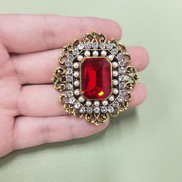 Vintage Style Crystal Rhinestone Brooch Set, Antique Gold Alloy with Red Gems, 2.36 Inch Decorative Pins, 3 Pack image 5