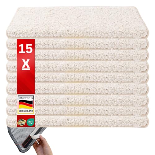 Floordirekt Shaggy-Stufenmatten Barcelona - 15er Set - Treppenmatten in 16 Farben, Strapazierfähig & pflegeleicht, Stufenteppich für Innen (Creme, Rechteckig 65 x 23,5 cm)