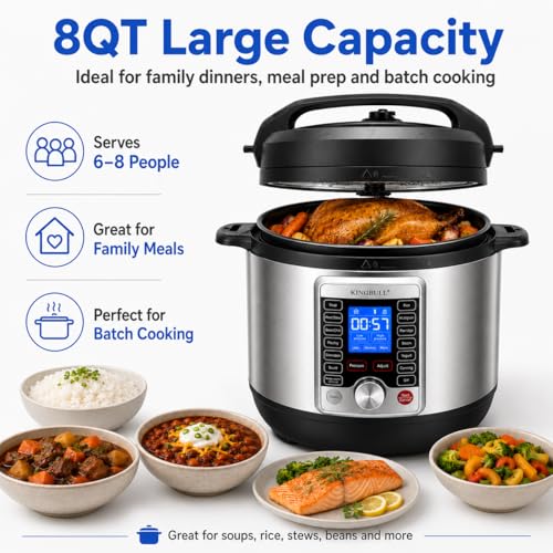 KINGBULL 14-in-1 Electric Pressure Cooker 8 Quart, Stainless Steel Multi Cooker with LCD Display and Knob Control, Slow Cooker, Rice Cooker, Steamer, Sauté, Yogurt Maker, Warmer, DIY Mode - Image 3