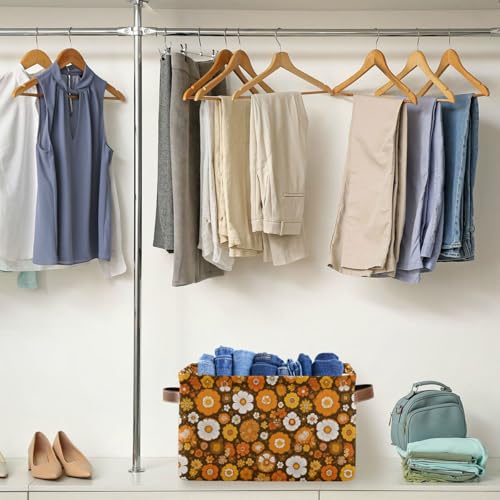 Image of Aslsiy Storage Basket Orange 60s 70s Style Nursery Bins Retro Floral Baby Box Canvas Clothes Shelf Basket Laundry Hamper Gift Baskets for Home Closet 1 Pcs