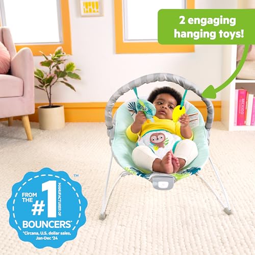 Image of Bright Starts Wild Wonders Vibrating Baby Bouncer, Removable Toy Bar with 2 Toys, Nonslip Feet, 0-6 Months Up to 20 lbs