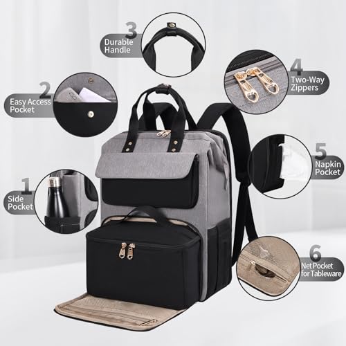 Image of BERTASCHE Lunch Backpack for Women, 15.6 Inch Laptop Backpack with Insulated Cooler Lunch box, Nurse Backpack for Teacher Work Travel College Picnic,Black-Grey