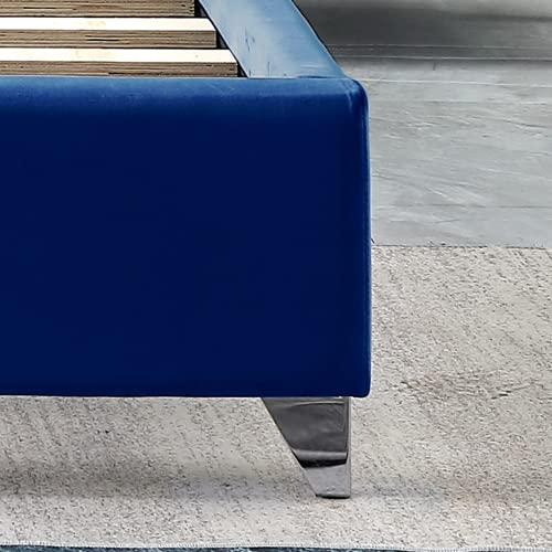 Tiiiopkvvv Modernes Samt-Polsterbett mit tiefen Knöpfen, Massivholz, hochdichter Schaumstoff, silberfarbenes Metallbein, Blau – Bild 6