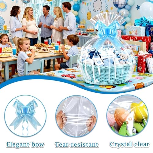Image of PigPotParty Cellophane Bags for Gift Baskets, 30x40 in, 10 Pack, Blue Bows | Thick clear OPP holds shape; seamless bottom resists tears; easy-to-use large pull bows save time and add a polished finish