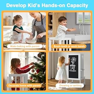 Kids Kitchen Step Stool with Chalkboard Height Adjustable Toddler Tower with Safety Rail Toddler Kitchen Stool Helper Anti tip Kitchen Step Stool for Toddlers 18 Months Older White