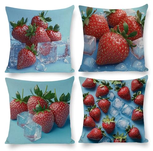 クッションカバー 40x40cm 亜麻 装飾枕カバー 4枚セット 北欧 おしゃれ 可愛い インテリア アクセント 部屋飾り ソファ 椅子 車内 ベッド ソファー用クッションカバー 抱き枕カバー ソファ背当て 装飾枕カバー 座布団カバー (フルーツいちご)