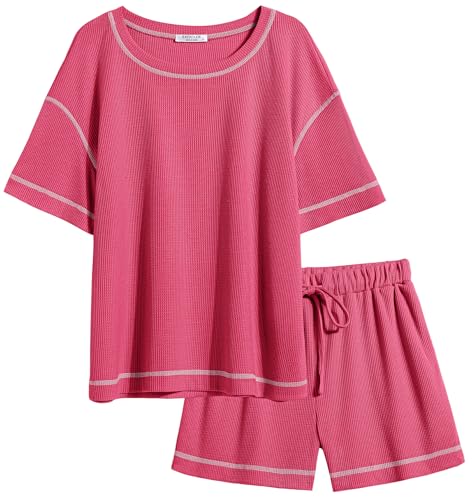 Image of Ekouaer Women's Waffle Knit Two Piece Lounge Set, Soft Matching Outfits for Daily Wear, Casual Shorts Set with Pocket