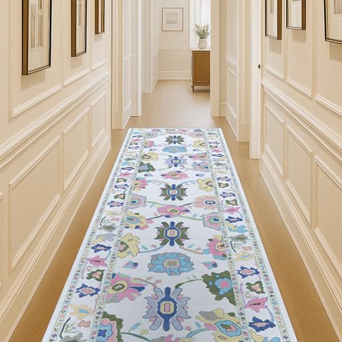 Fame Living Colorful Oushak Rug, Modern Rugs, Vintage, Turkish, Eclectic, Floral, Pastel, Washable, Small Throw, Accent Area Rug for Living Room, Bedroom, Kitchen, Bathroom, 2'5'x4'9'