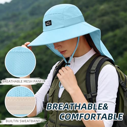 Image of Rosoz Outdoor Sun Hat for Men Women, UPF50+ Protection Safari Cap Wide Brim Mesh Fishing Hat with Neck Flap Beach Garden
