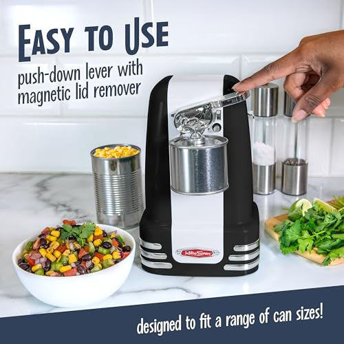 Image of Nostalgia Retro Electric Can Opener for Kitchen with Magnetic Lid Remover, Knife Sharpener, and Soda or Beer Bottle Opener, Black
