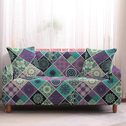 Image of House of Quirk Polyester Blend Universal Flexible Stretch Big Elasticity Four Seater Couch /Sofa Cover Slipcover - Mandala Print ( Boho Purple)
