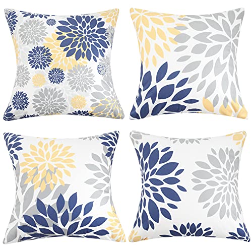 Hanrunsi Lot de 4 Housses de Coussin carrées décoratives en Velours Bleu et Jaune avec Fleur Grise pour Maison, Chambre à Coucher, Salon - 45 x 45 cm