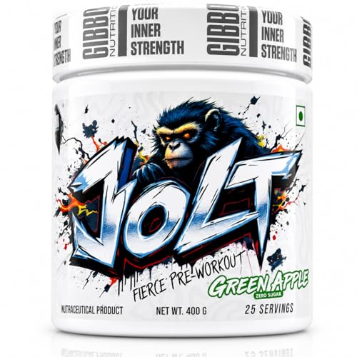 Image of GIBBON JOLT Fierce Pre-Workout 400g | 7000mg Citrulline, 5400mg Beta-Alanine, 300mg Caffeine, 1000mg Taurine | Zero Sugar, 25 Servings, Vegetarian, Gluten Free | Green Apple Flavour