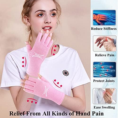 2 Pairs Arthritis Gloves for Pain Relief, Compression Gloves for Arthritis, Carpal Tunnel, Osteoarthritis, Joint, Typing, Driving, Fingerless Hand Gloves for Women Men (Black1+Pink1, Medium) - 4