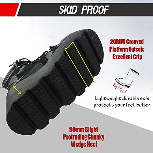 mikarka Holographic Platform Boots for Women, Lace Up Ankle Studded Buckle Goth Stacked Wedge Combat Ankle Boots4