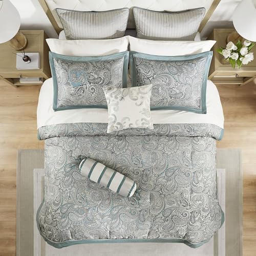 Image of Madison Park Aubrey Cozy 12 Piece Comforter Set & Sheet, Luxe Faux Silk Jacquard Paisley Design - All Season Down Alternative Bedding with Cotton Bed Sheets, Bedskirt, Toss Pillows, Cal King Teal