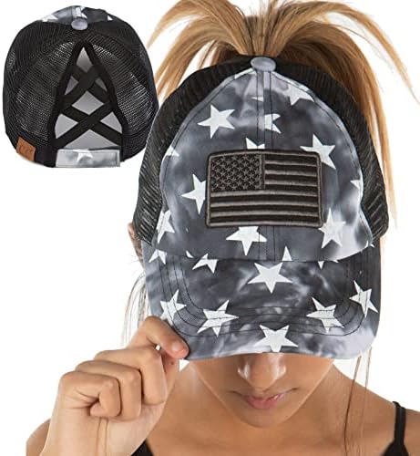 Funky Junque Criss Cross Hat Womens Baseball Cap Distressed Ponytail Messy Bun Trucker Ponycap (American Flag Star Print - Black w/Mesh)