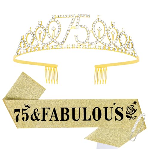Casoty Gold 75th Birthday Sash and Tiara, 75th Birthday Decorations for Women, Crown and 75 & FABULOUS Sash, Party Supplies Favors for Women