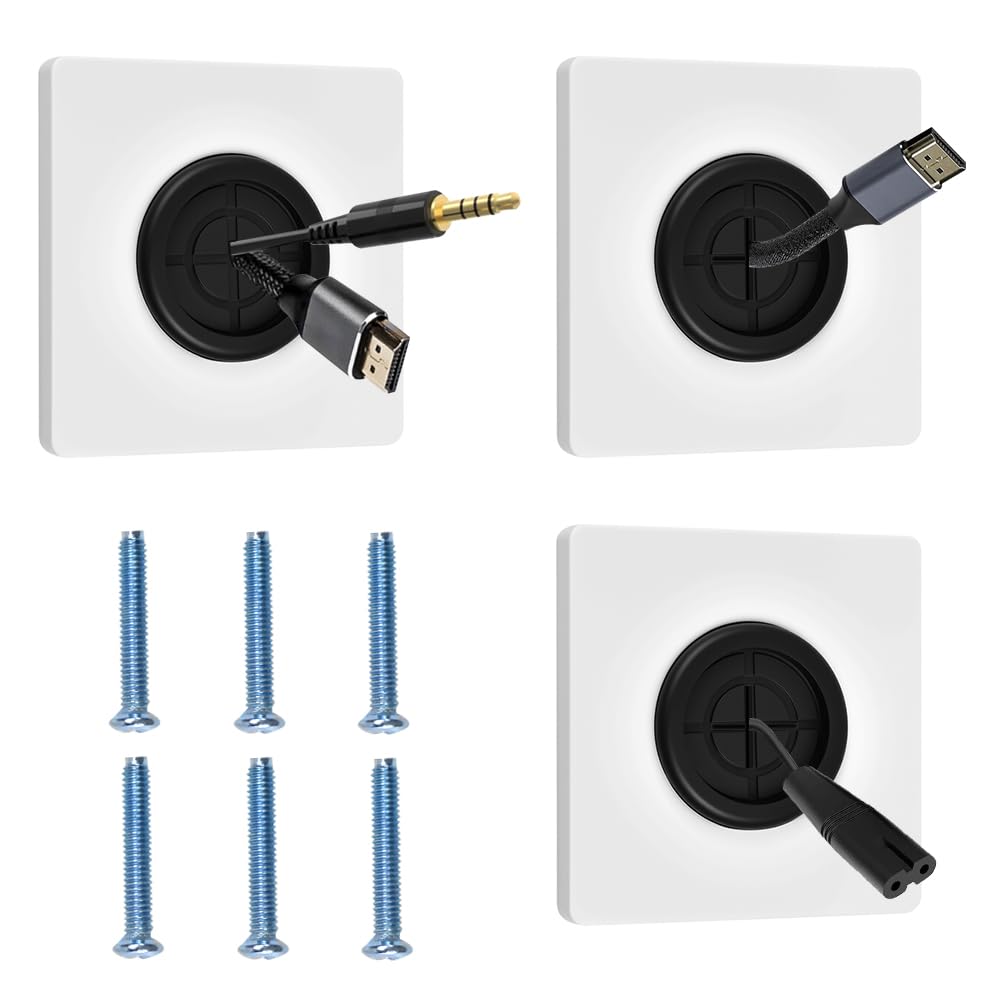 Xygobla White Cable Entry Cover, 3 Pcs Wall Mounted Cable Brush Plate Single Gang Cables Entry Plate Wall Cables Cover Panel Brush Faceplate For Covering Outlets Receptacles Tidying Cords, 35Mm Hole
