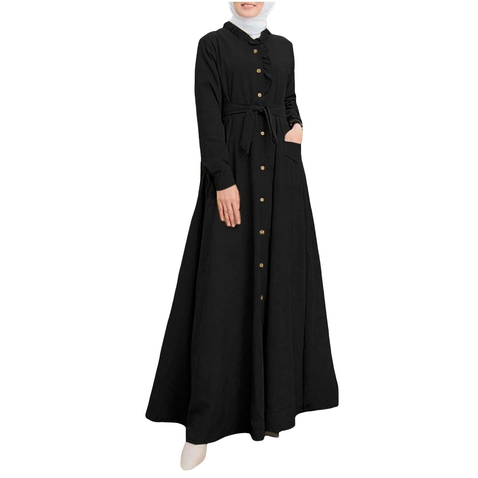 Muslim Dresses for Women Lace Stand Collar Cuff Sleeves Button Tie Waist Slim Ankle Maxi Dresses Chic Arab Robe Casual Comfortable Breathable Pocket Prayer Abaya