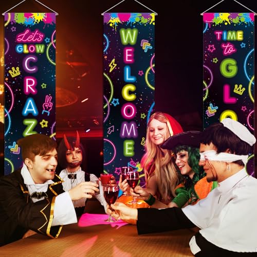 Image of Chiisong 3 Pcs Neon Banner Party Decorations Let's Glow Banner Glow in the Dark Porch Sign Welcome Birthday Porch Sign for Neon Birthday Party Supplies Club Halloween Classroom Decorations