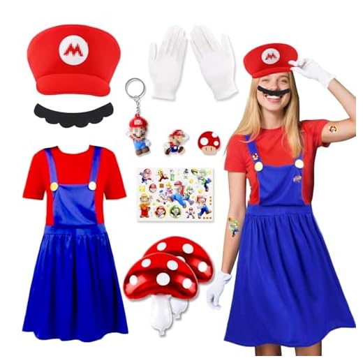 Disfraz de Super Fontanero Hermanos Adulto Mujer- Bros Cosplay Kostüm Damen Outfit Gorros Bigotes Guantes Botones Tirantes Cosplay Accesorio für Helloween Weihnachten Karneval Faschingskostüme L