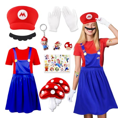 Disfraz de Super Fontanero Hermanos Adulto Mujer- Bros Cosplay Kostüm Damen Outfit Gorros Bigotes Guantes Botones Tirantes Cosplay Accesorio für Helloween Weihnachten Karneval Faschingskostüme L