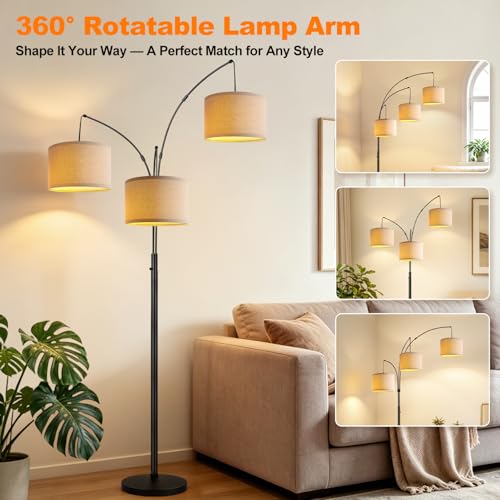 Dimmable 3 Lights Floor Lamp - 3000LM Super Bright Arc Floor Lamps for Living Room, Modern Tall Standing Lamp With Beige Shades, Mid Century Tree Floor Lamp for Bedroom Office, 3 LED Bulbs Included - Image 6