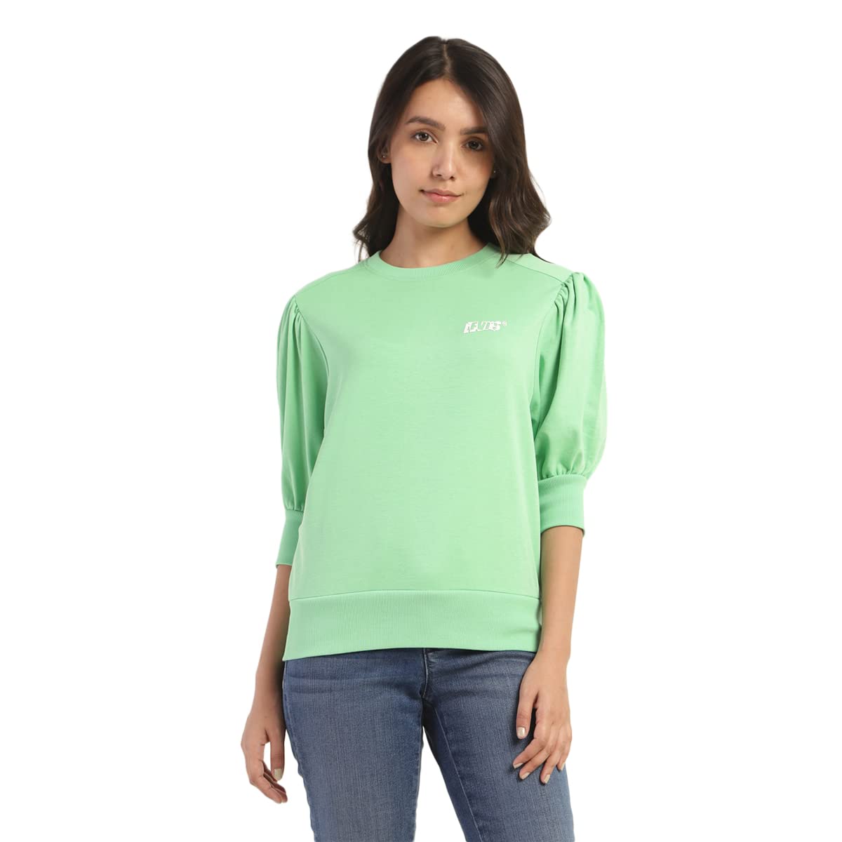 Levi'sCotton Blend Women's Solid Puff Sleeve Regular Crew Neck Sweatshirt