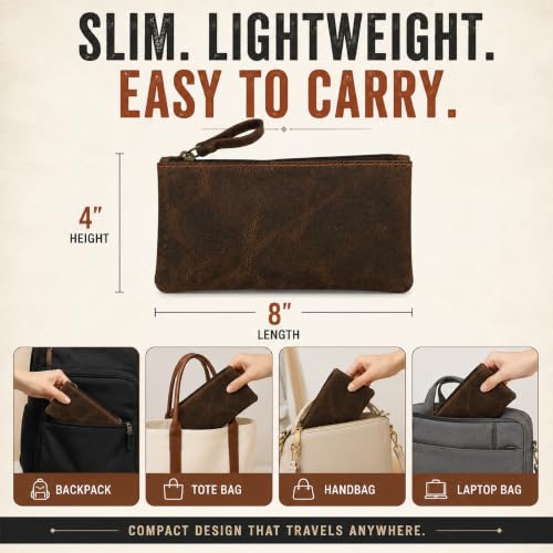 Image of Leather Pencil Pouch, Currency Pouch, Leather Pencil Case, Zippered Pouch Paper Money, Pen Case, Pen & Marker Case, Pencil Case For Artists & Professionals (Brown)