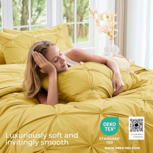 Image of Sasttie Queen Comforter Set, 7-Piece Bed in a Bag, Pintuck Bedding Sets for All Season, Includes Comforter, Flat Sheet, Fitted Sheet, Pillowcases and Pillowshams, Mustard Yellow