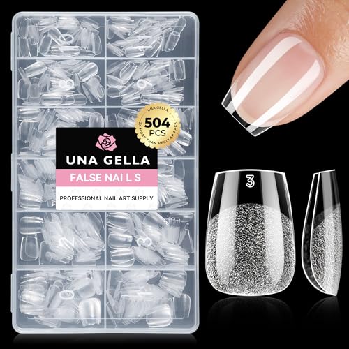 Image of UNA GELLA Extra Short Coffin Nails Tips: 504pcs Pre-etched XS Short Nails, 12 Sizes Clear Coffin Press on Nails Full Cover Gel Tips Acrylic False Fake Nails Extension DIY Salon