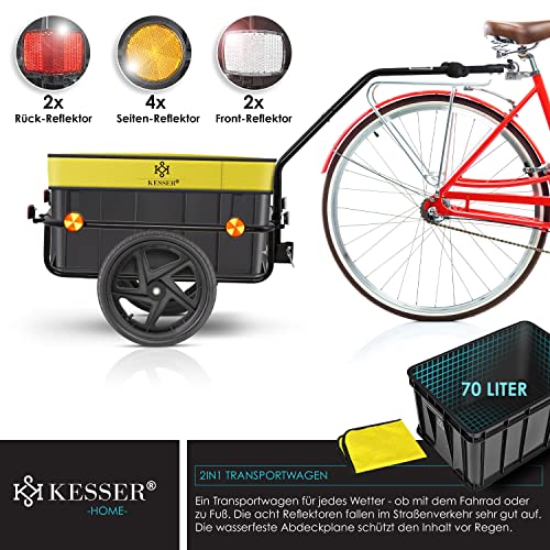 KESSER® Fahrradanhänger, Lastenanhänger, Handwagen mit Kupplung, Hochdeichsel, für Fahrrad Transportanhänger Transportbox mit 70 Liter Volumen, Max. 60kg, + Zubehör für Fahrräder mit 26-28, Gelb