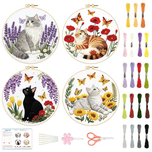 BEUNITONE 4 Set Embroidery Kit for Beginners Cat and Butterfly Pre-Stamped Pattern Needlepoint Kits for Adults with Hoop and Instruction Cute Hand Embroidery Patterns for Cloth and Home Decor
